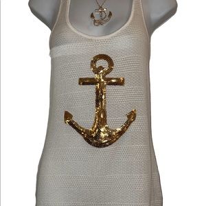 ADORABLE TANK WITH GOLD SEQUINED EMBELLISHED ANCHOR - SZ SMALL